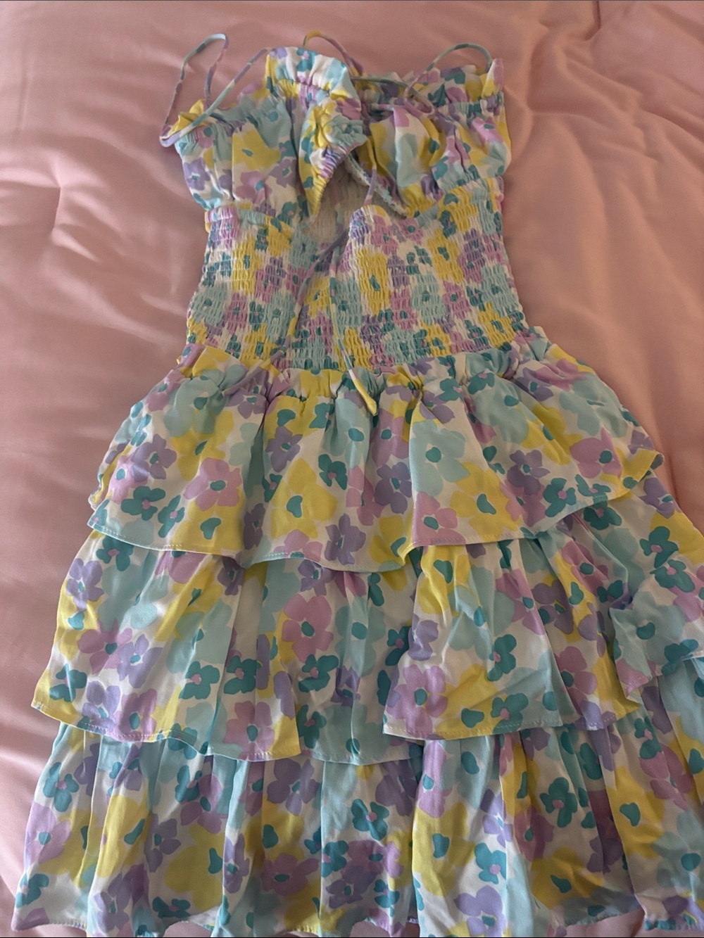 Tiered Floral Sundress in Pastel Yellow, Lilac & Aqua